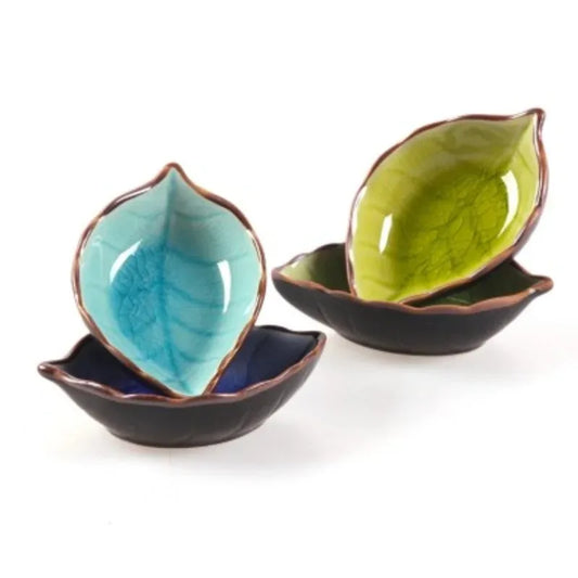 Leaf-Shaped Ceramic Sauce Dish – Ice Crack Glaze, 10×7.5×3cm